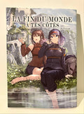Couverture manga La fin du monde à tes côtés, deux jeunes femmes près d’un lac, ruines verdoyantes