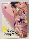 Couverture du manga Les Noces des Lucioles tome 1, deux personnages enlacés en kimono, fond violet.