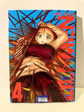 Couverture du manga Lili Men tome 4, jeune fille effrayée parmi des piques, fond bleu vif.