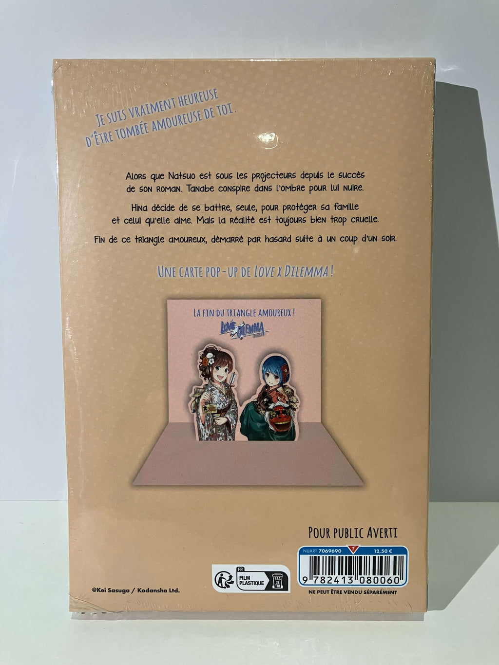 Dos du manga Love x Dilemma tome 28 édition collector avec carte pop-up et texte explicatif.