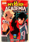 Couverture manga My Hero Academia tome 2 avec Bakugo et Midoriya face à face, fond rouge.