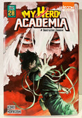 Couverture manga My Hero Academia tome 28, Deku en avant-plan, visage menaçant en fond rouge.