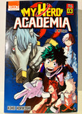 Couverture manga My Hero Academia Tome 3 avec Izuku, Shoto, Bakugo et un vilain en arrière-plan.