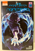 Couverture manga My Hero Academia tome 30, personnage entouré de flammes bleues, Kohei Horikoshi