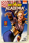 Couverture My Hero Academia Tome 34, héroïne en costume américain, ciel bleu, manga Ki-oon