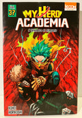 Couverture My Hero Academia tome 37, héros en action sur fond rouge éclairs jaunes.