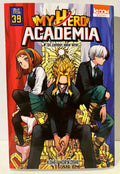 Couverture My Hero Academia tome 39 avec trois personnages assis devant un trône doré