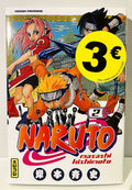 Couverture manga Naruto tome 2 avec Naruto, Sakura, Sasuke, sticker promo 3€, édition Kana.