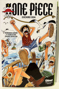 Couverture du manga One Piece tome 1 avec Luffy, Nami et Zoro sur un bateau, style aventure.