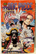 Couverture One Piece tome 105 manga, personnages principaux, fond rouge carte, Édition Glénat.