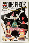 Couverture One Piece tome 16 avec Luffy, Chopper et un personnage souriant devant drapeau pirate