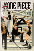 Couverture One Piece tome 6 français, personnages en tenues noires sur escaliers, manga Glénat