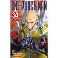 Couverture de One Punch Man tome 34 : un super-héros chauve en cape blanche et costume en jaune est prêt à se battre 