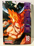 Couverture One Punch Man tome 18 avec personnage aux cheveux flamboyants, monstres et logo manga.