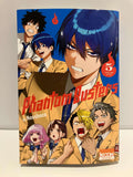 Couverture du manga Phantom Busters tome 5 : plusieurs personnages souriants entourent un homme regard aigu au centre, sur un fond bleu