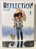 Couverture manga Reflection tome 1 Kei Sanbe, deux enfants sous parapluie, chien, pluie, Pika Edition