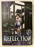 Couverture manga Reflection tome 4, lycéenne sous la pluie dans une cabine téléphonique, nuit