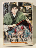 Couverture manga Remède Impérial tome 4 avec un homme en kimono vert et une femme endormie aux cheveux argentés, livres et bougies en arrière-plan.
