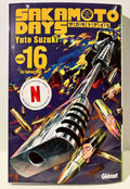 Couverture Sakamoto Days tome 16, gros plan fusil, balles, visages manga, Glénat, Netflix.
