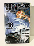 Couverture manga Sakamoto Days tome 18, personnage blond, école en fond, édition Glénat
