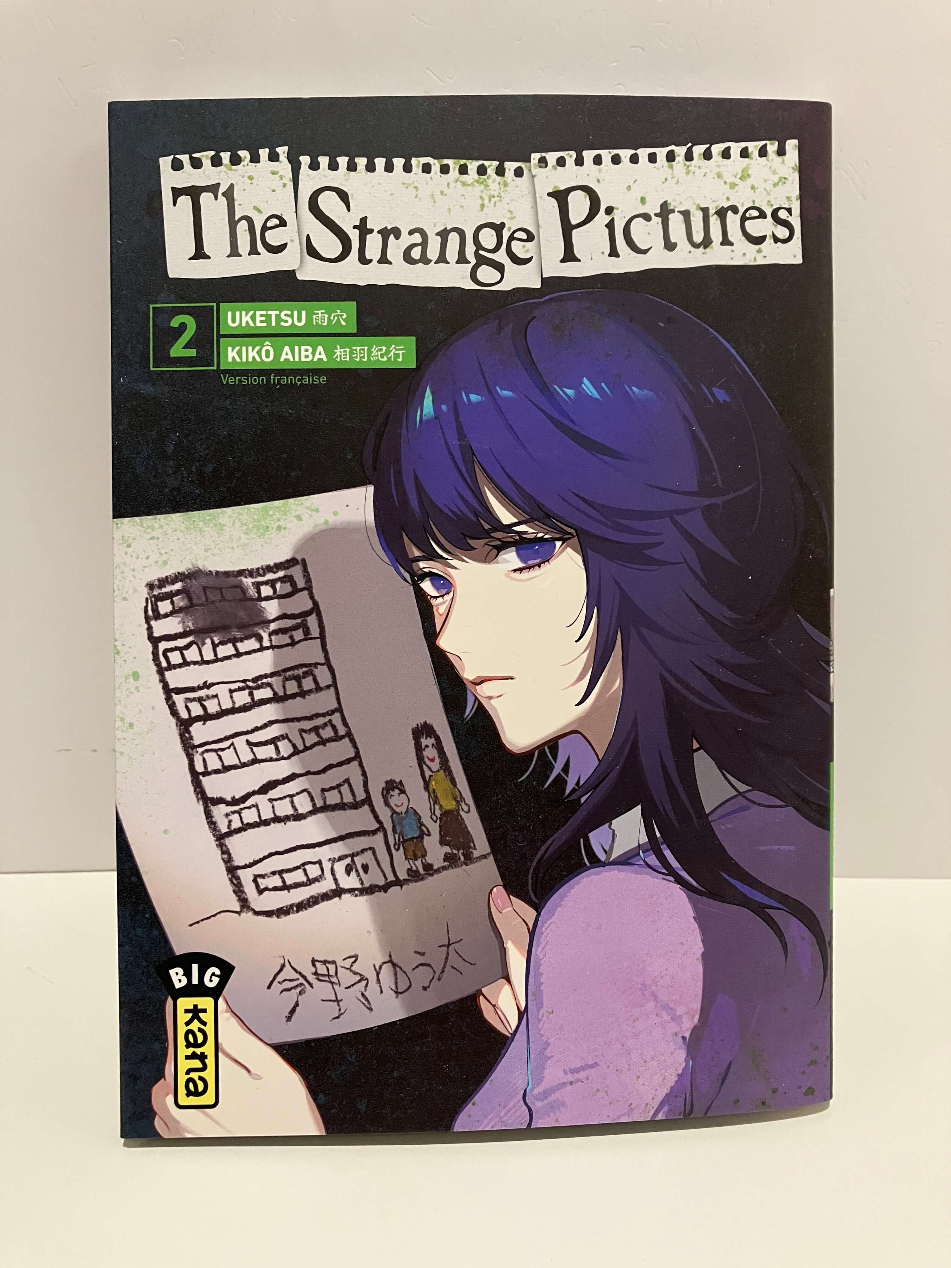 Couverture de manga The Strange Picture Tome 2 : Une Femme cheveux longs tient un dessin d'un immeuble et une famille avec le titre en grand en haut.
