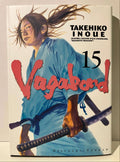 Couverture manga Vagabond tome 15, personnage en kimono bleu tenant un katana, Delcourt Tonkam.
