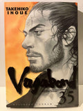 Couverture du manga Vagabond tome 35, portrait d'homme dessiné, fond orange, Takehiko Inoue